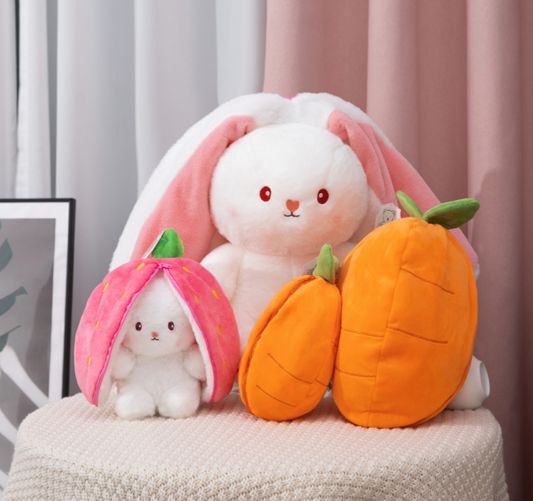 Strawberry Bunny Soft Toy with Zipper – 30cm | Pink & White Plush Rabbit by SoftyHeaven™