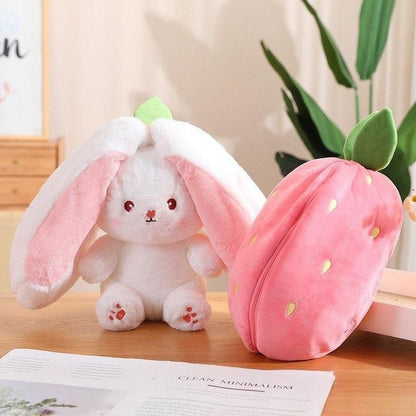 Strawberry Bunny Soft Toy with Zipper – 30cm | Pink & White Plush Rabbit by SoftyHeaven™