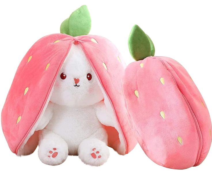 Strawberry Bunny Soft Toy with Zipper – 30cm | Pink & White Plush Rabbit by SoftyHeaven™