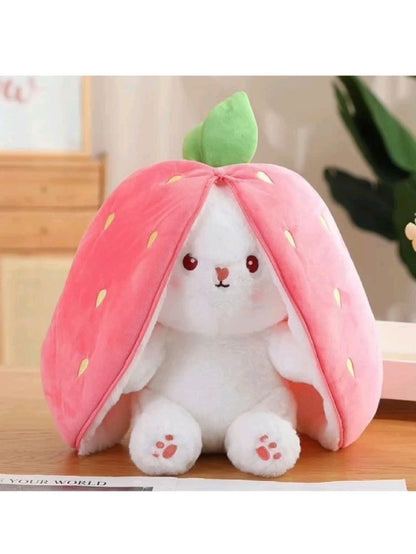 Strawberry Bunny Soft Toy with Zipper – 30cm | Pink & White Plush Rabbit by SoftyHeaven™